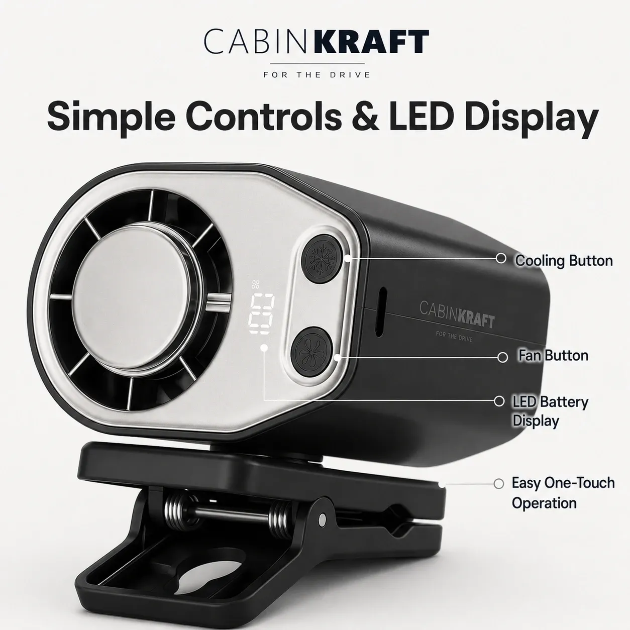 Rechargeable Clip-On Car Fan with LED Display, 360° Adjustable